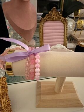 Pink Beaded Bracelet Stack with Lavender Ribbon